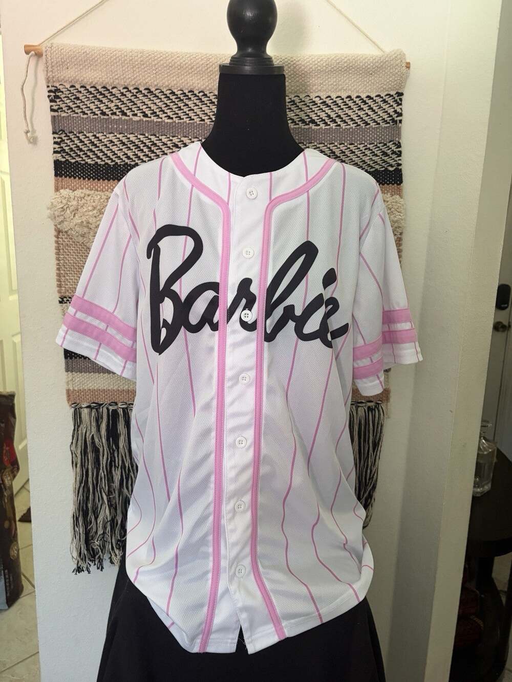 Women's White Pink Pin Striped Barbie No. 59 Baseball Jersey Size SMALL